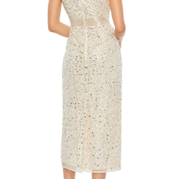 MAC DUGGAL GEOMETRIC EMBELLISHED SLEEVELESS A-LINE NUDE SILVER DRESS sz 8 - Picture 6 of 6